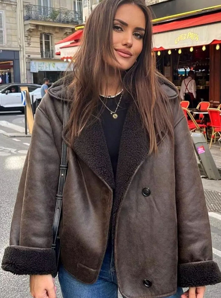 Women's Oversized Shearling-Lined Double-Breasted Jacket - Brown