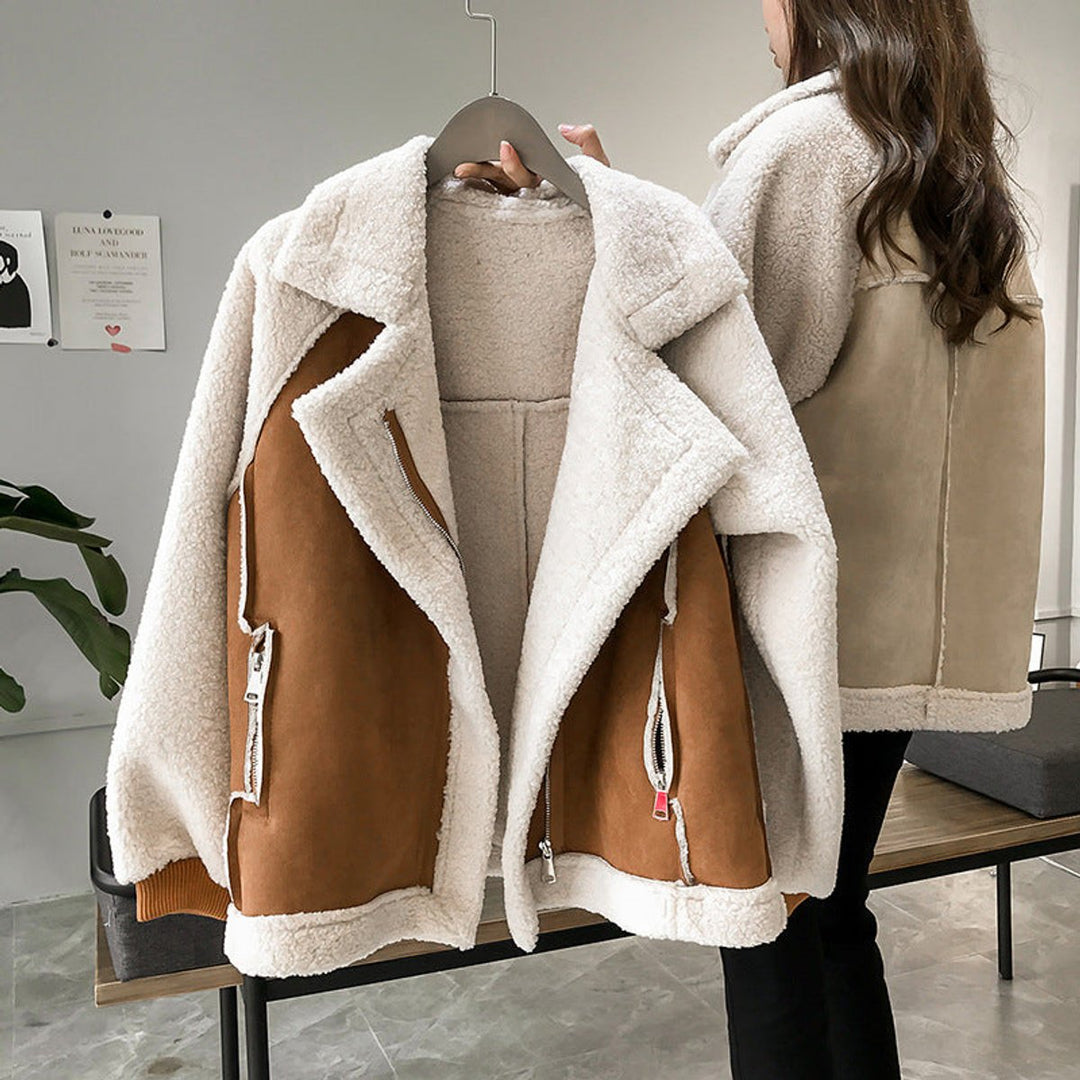 Women's Oversized Sherpa Fleece Zip-Up Winter Coat - Bronze