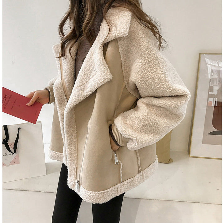 Women's Oversized Sherpa Fleece Zip-Up Winter Coat - Beige