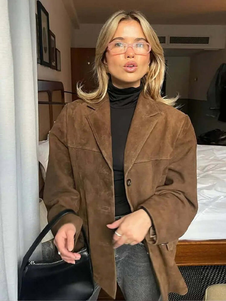Women's Oversized Suede Blazer Jacket Long Sleeve - Brown