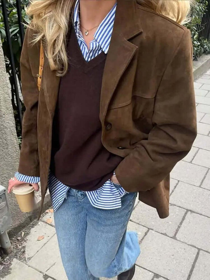 Women's Oversized Suede Blazer Jacket Long Sleeve