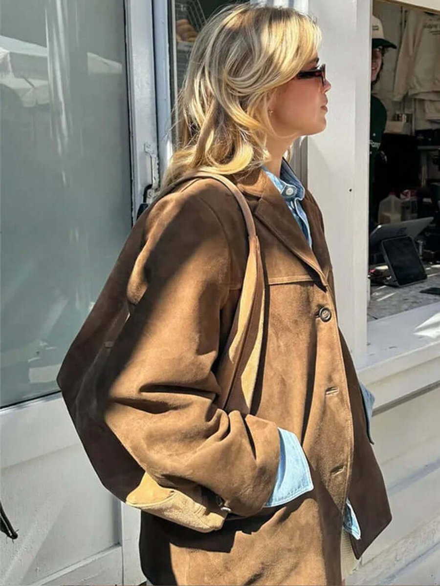 Women's Oversized Suede Blazer Jacket Long Sleeve