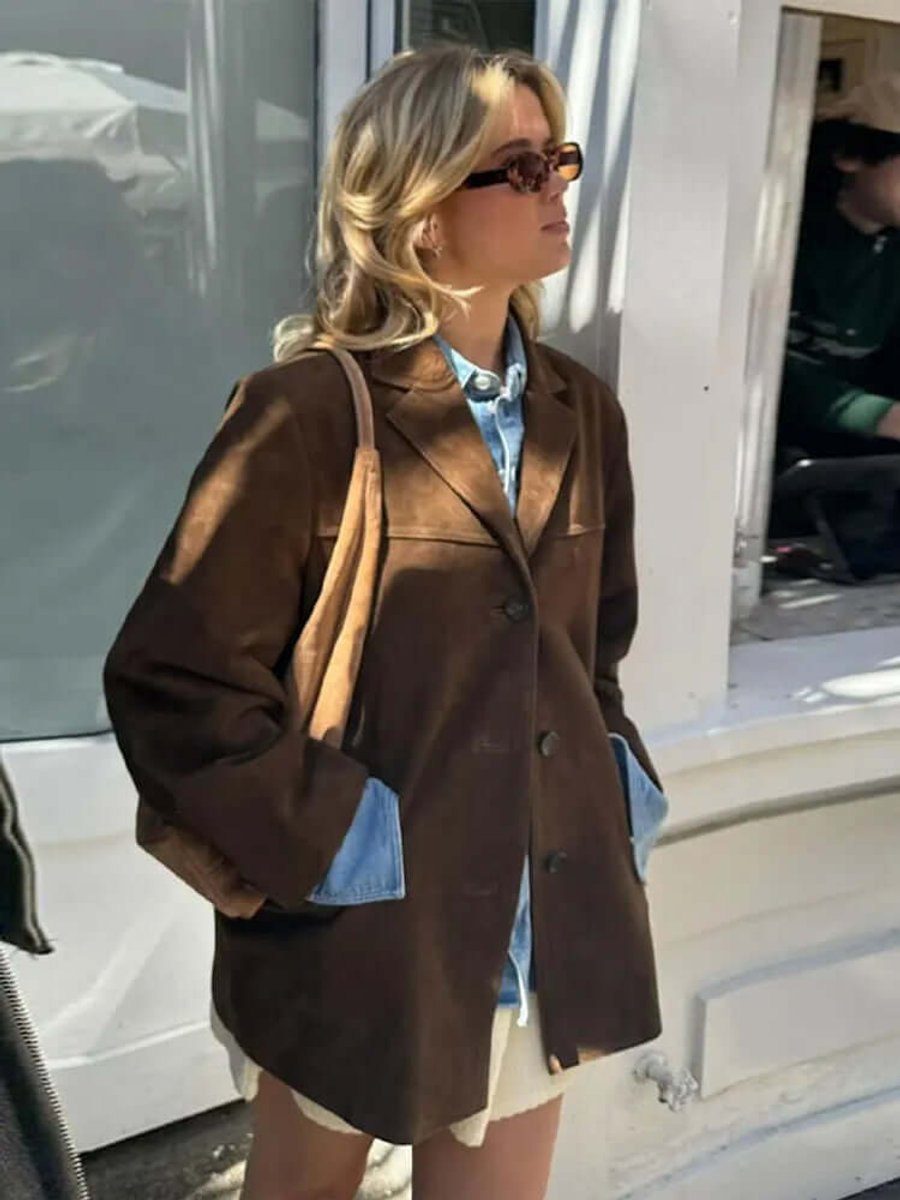 Women's Oversized Suede Blazer Jacket Long Sleeve