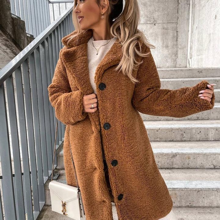 Women's Oversized Teddy Fleece Long Coat Puffer Jacket - Brown