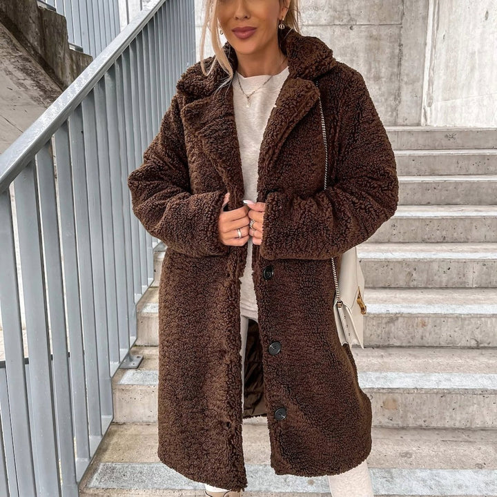 Women's Oversized Teddy Fleece Long Coat Puffer Jacket - Dark Brown
