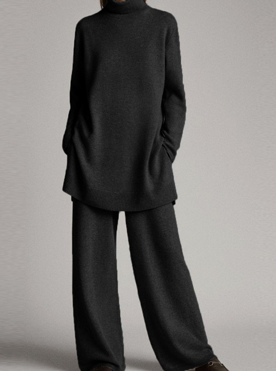 Women's Oversized Turtleneck Knit Lounge Set Wide-Leg Trousers - Black