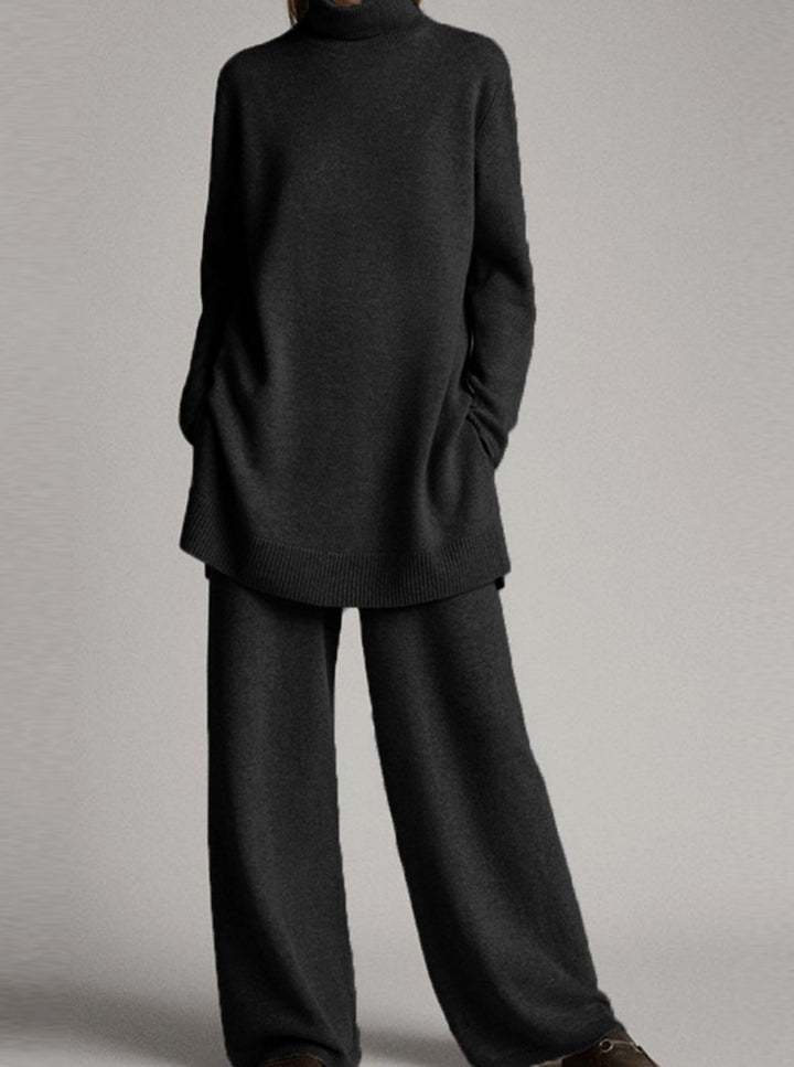 Women's Oversized Turtleneck Knit Lounge Set Wide-Leg Trousers - Black