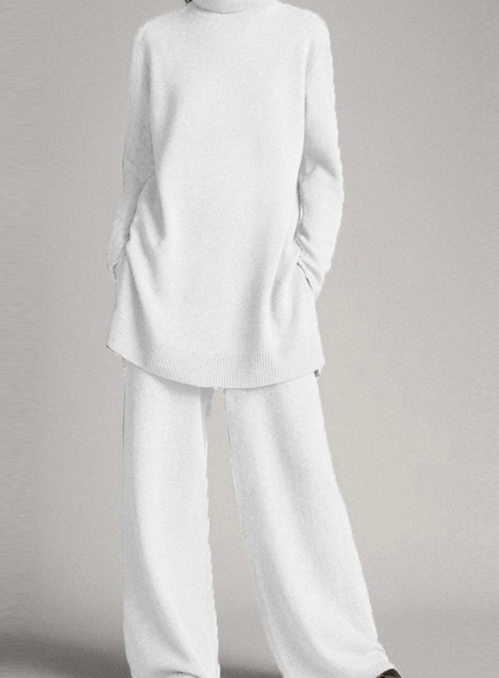 Women's Oversized Turtleneck Knit Lounge Set Wide-Leg Trousers - White