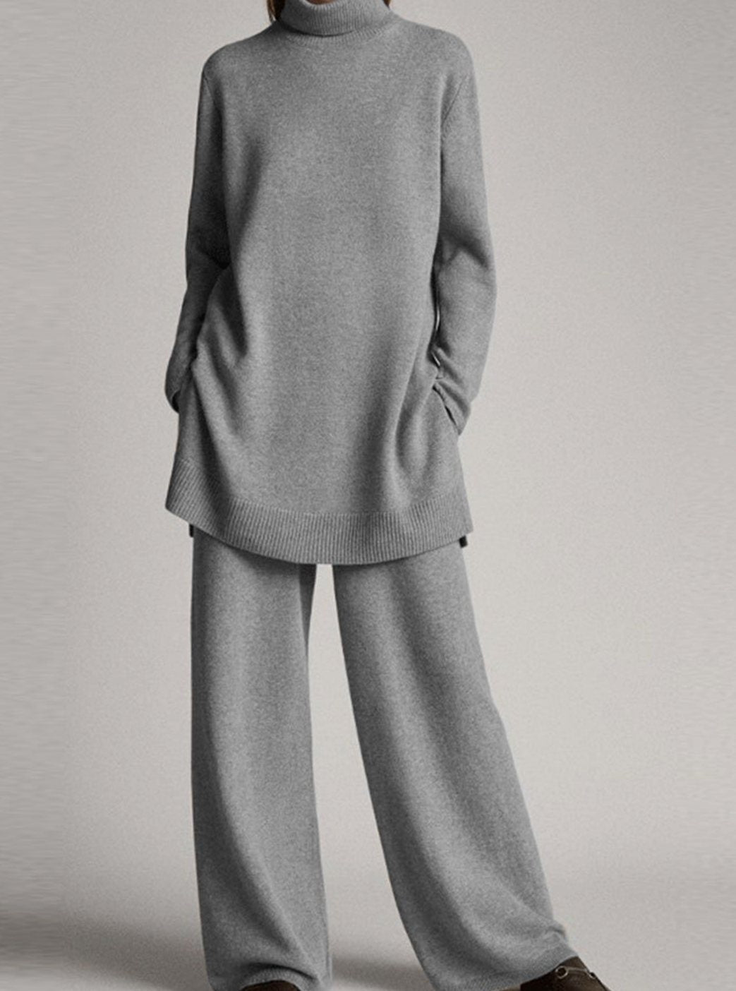 Women's Oversized Turtleneck Knit Lounge Set Wide-Leg Trousers - Grey