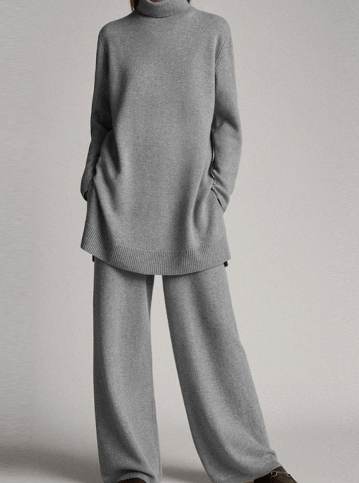 Women's Oversized Turtleneck Knit Lounge Set Wide-Leg Trousers - Grey