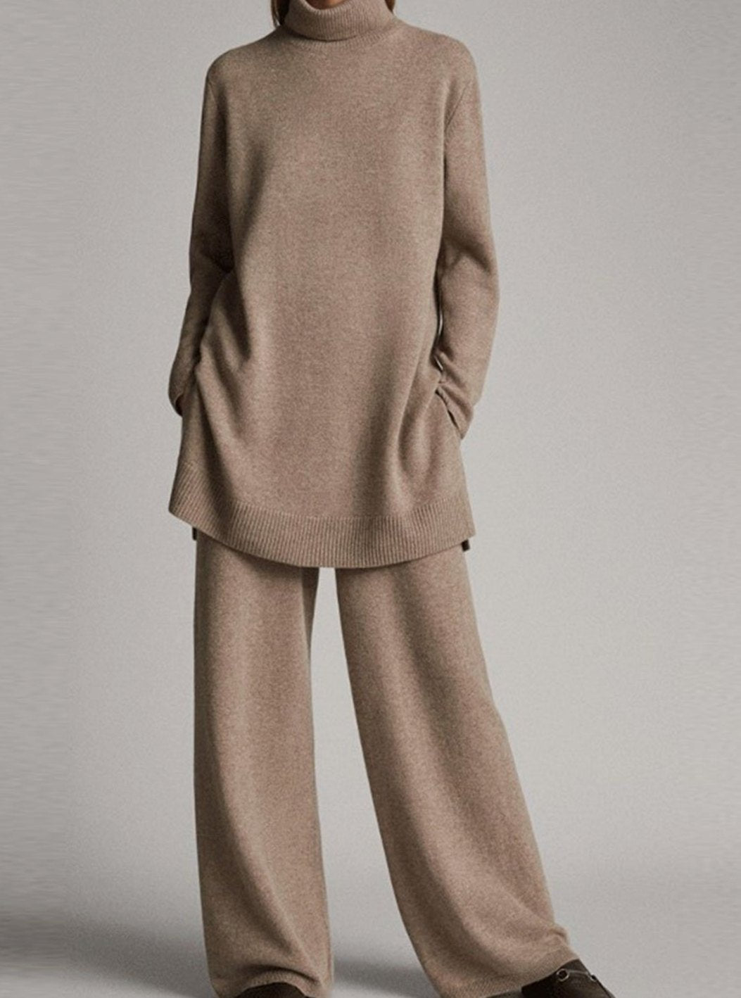 Women's Oversized Turtleneck Knit Lounge Set Wide-Leg Trousers - Beige