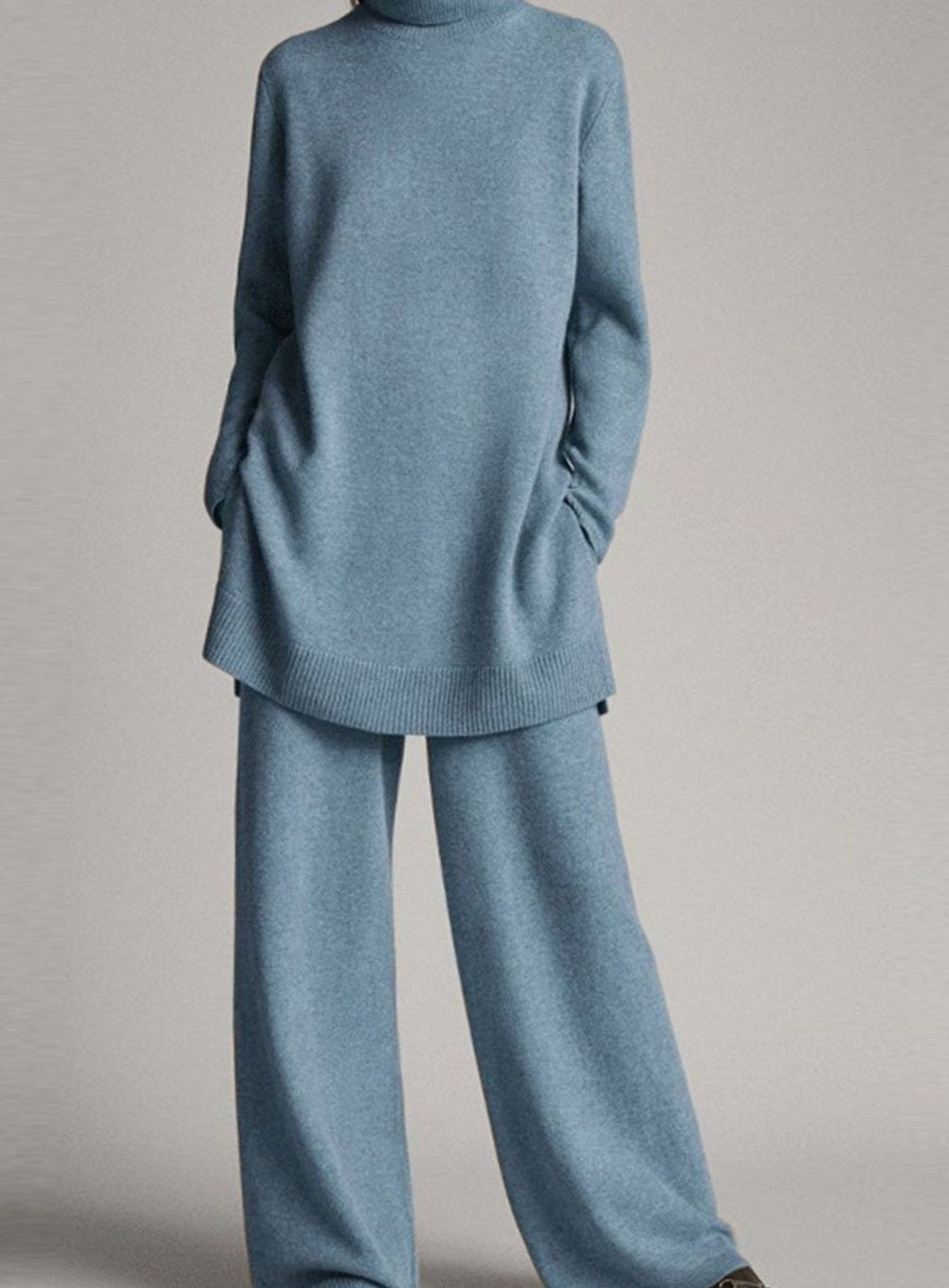 Women's Oversized Turtleneck Knit Lounge Set Wide-Leg Trousers - Blue