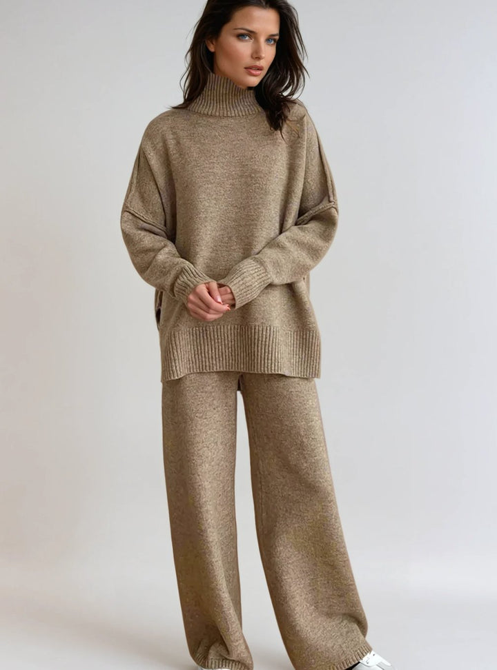 Women's Oversized Turtleneck Knit Wide-Leg Lounge Set - Beige