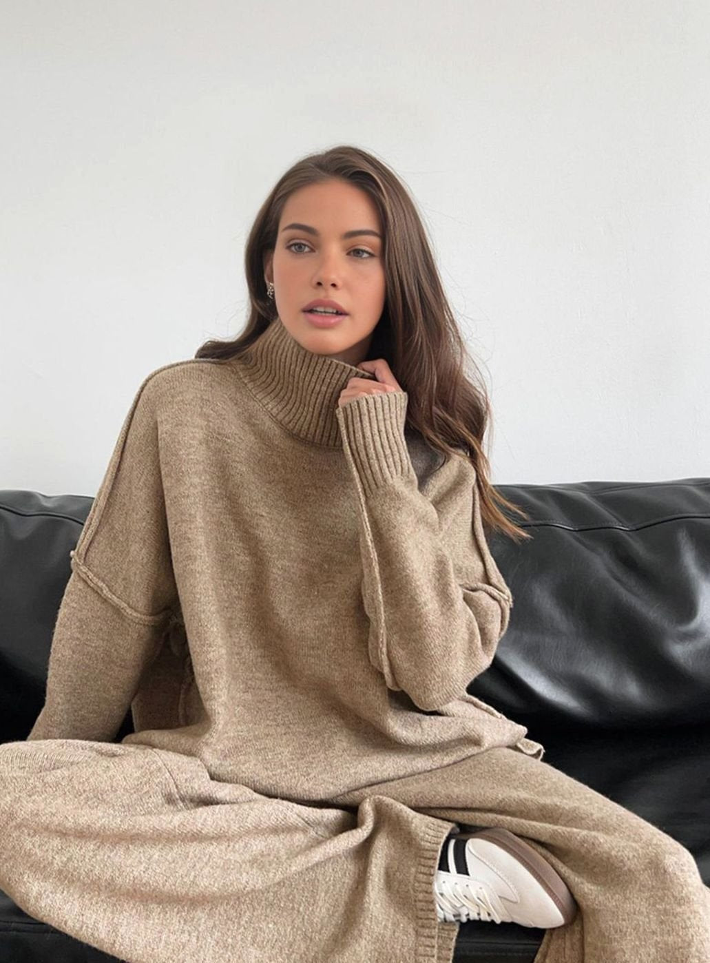 Women's Oversized Turtleneck Knit Wide-Leg Lounge Set