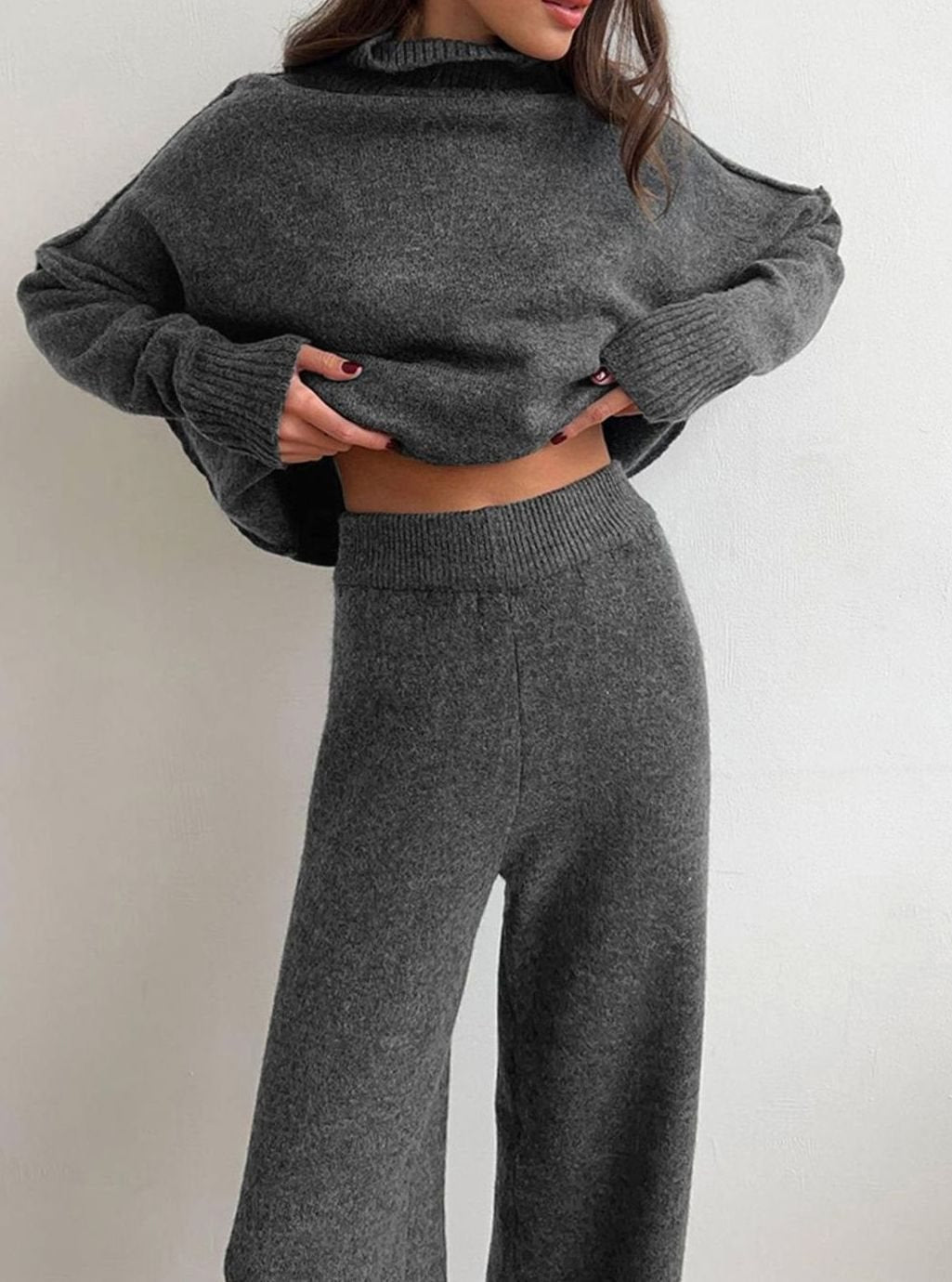 Women's Oversized Turtleneck Knit Wide-Leg Lounge Set - Grey