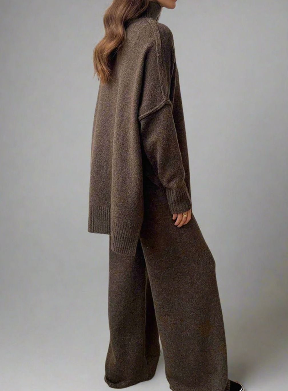Women's Oversized Turtleneck Knit Wide-Leg Lounge Set - Brown