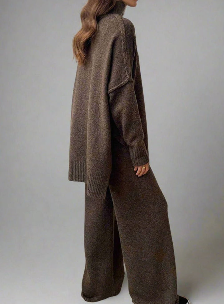 Women's Oversized Turtleneck Knit Wide-Leg Lounge Set - Brown