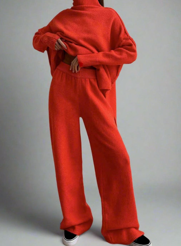 Women's Oversized Turtleneck Knit Wide-Leg Lounge Set - Red