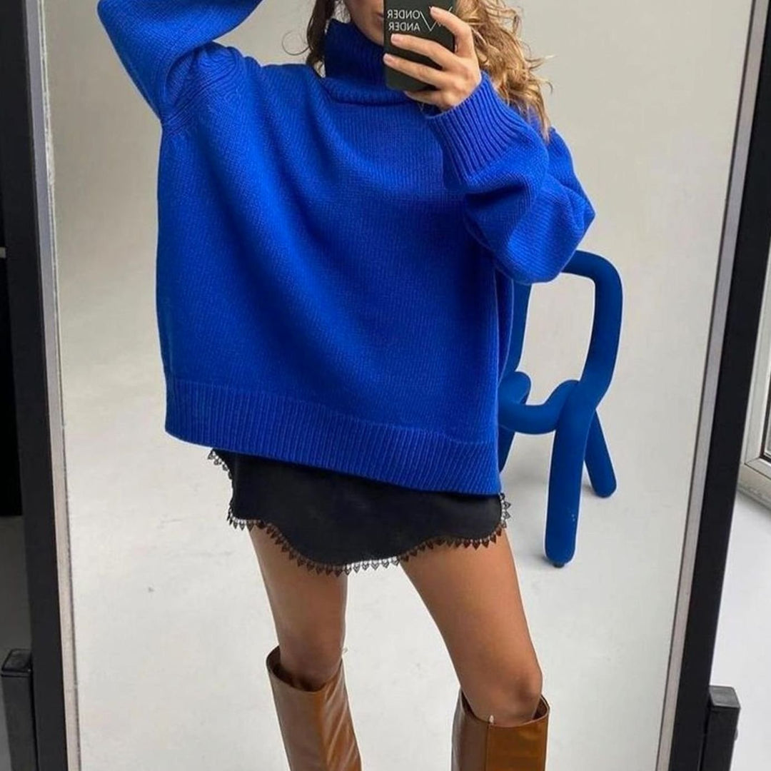 Women's Oversized Turtleneck Long-Sleeve Knit Jumper - Blue