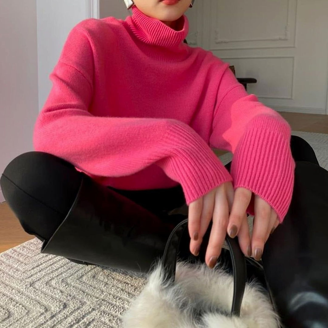 Women's Oversized Turtleneck Long-Sleeve Knit Jumper - Pink