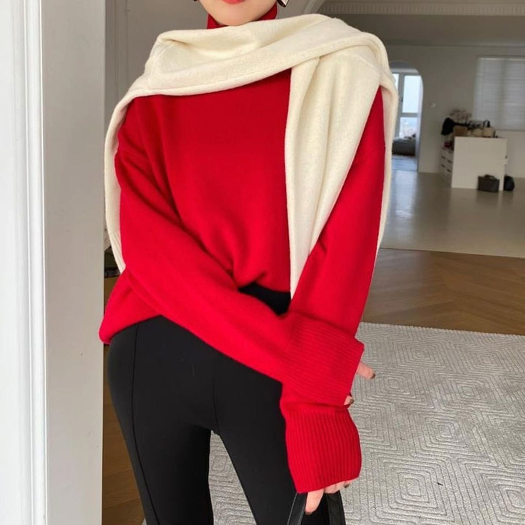 Women's Oversized Turtleneck Long-Sleeve Knit Jumper - Red