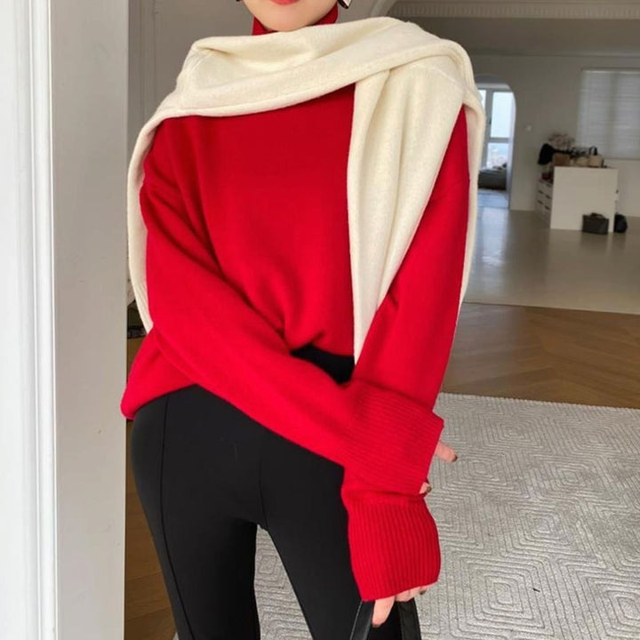 Women's Oversized Turtleneck Long-Sleeve Knit Jumper - Red