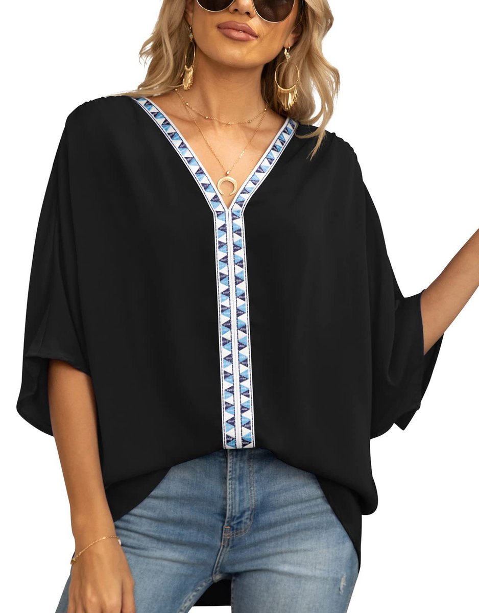 Women's Oversized V-Neck Geometric Trim Relaxed Tunic Top - Schwarz