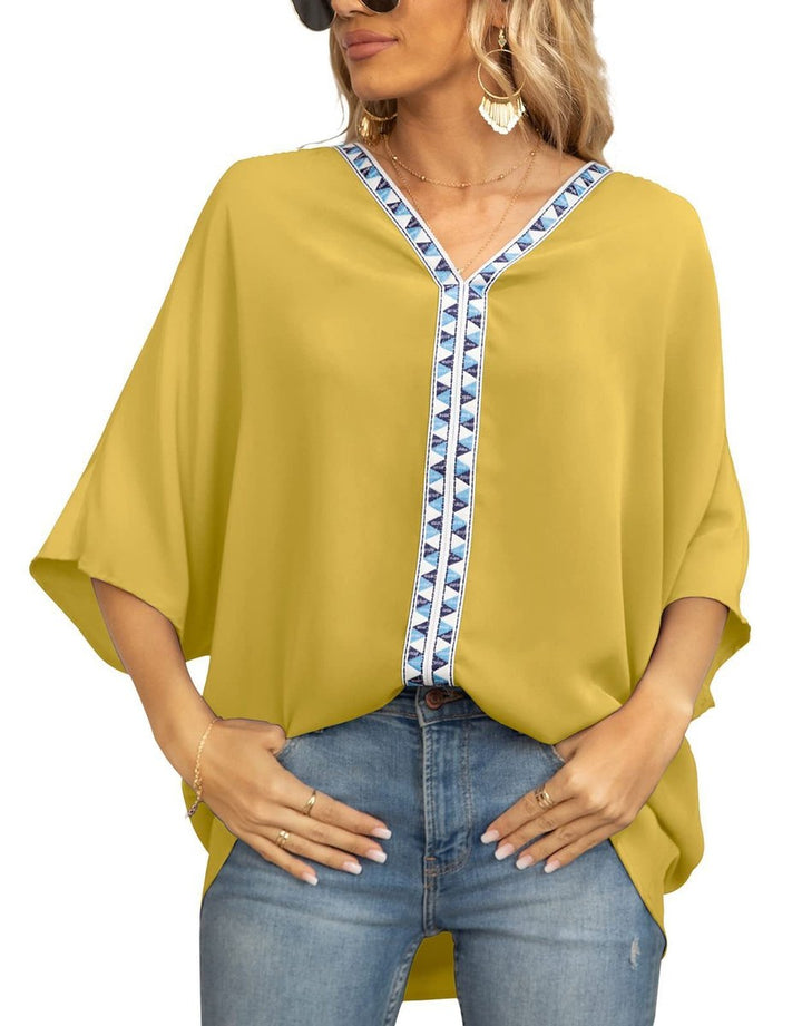 Women's Oversized V-Neck Geometric Trim Relaxed Tunic Top - Blume
