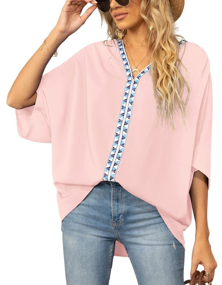 Women's Oversized V-Neck Geometric Trim Relaxed Tunic Top - Pink