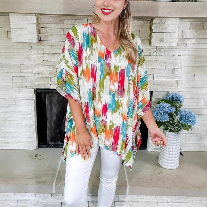 Women's Oversized V-Neck Multicolour Print Relaxed Tunic Top