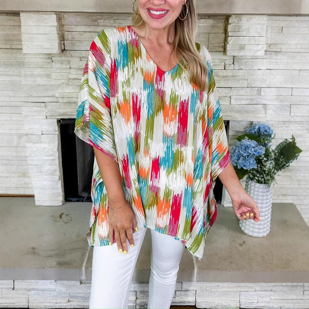 Women's Oversized V-Neck Multicolour Print Relaxed Tunic Top