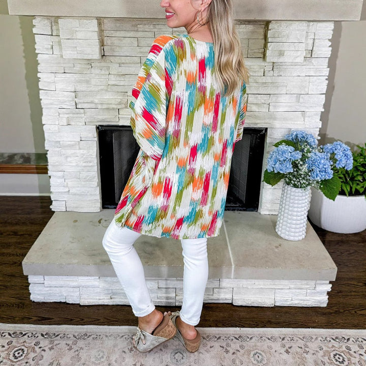 Women's Oversized V-Neck Multicolour Print Relaxed Tunic Top