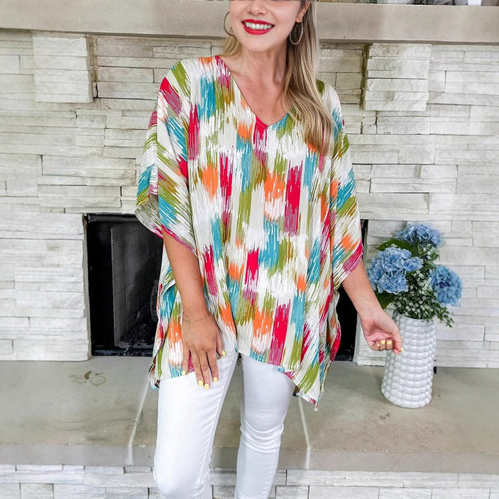 Women's Oversized V-Neck Multicolour Print Relaxed Tunic Top