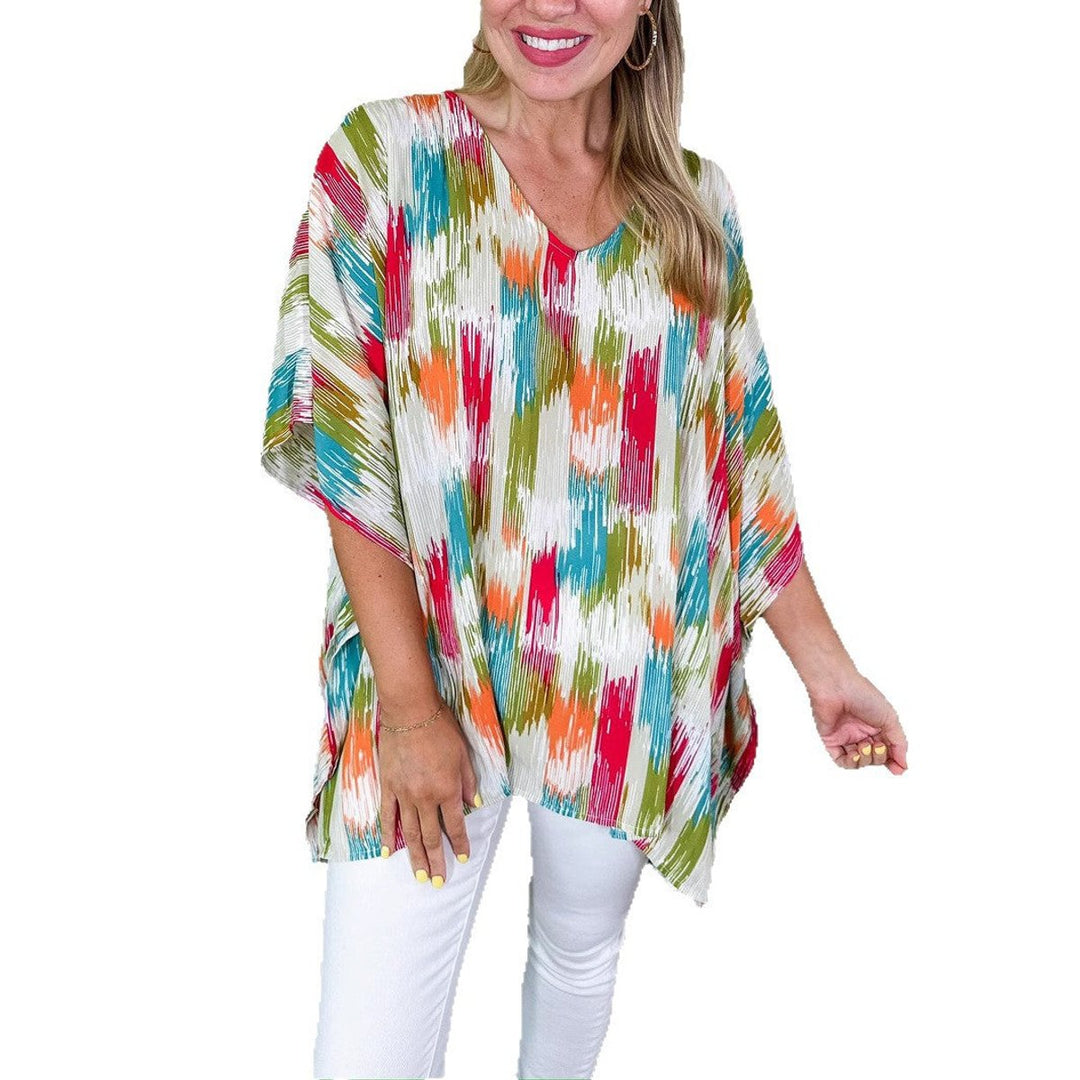 Women's Oversized V-Neck Multicolour Print Relaxed Tunic Top