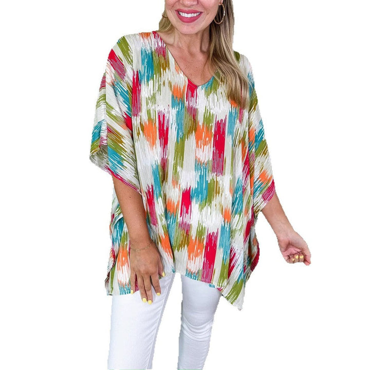 Women's Oversized V-Neck Multicolour Print Relaxed Tunic Top