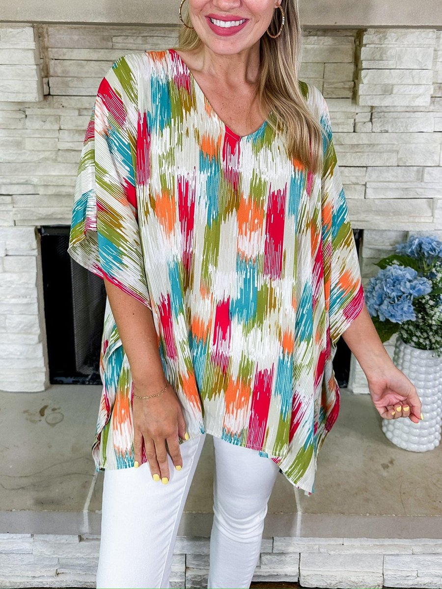 Women's Oversized V-Neck Multicolour Print Relaxed Tunic Top - Bunt