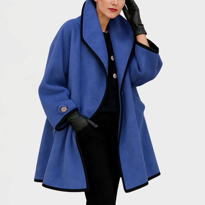 Women's Oversized Wool-Blend Swing Coat Black Contrast Trim - Blue