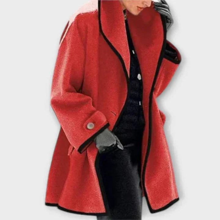 Women's Oversized Wool-Blend Swing Coat Black Contrast Trim - Red