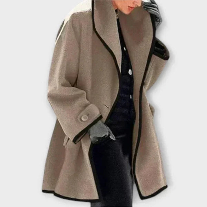 Women's Oversized Wool-Blend Swing Coat Black Contrast Trim - Khaki