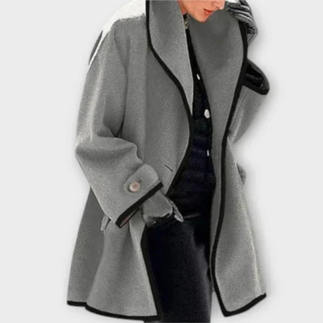 Women's Oversized Wool-Blend Swing Coat Black Contrast Trim - Grey