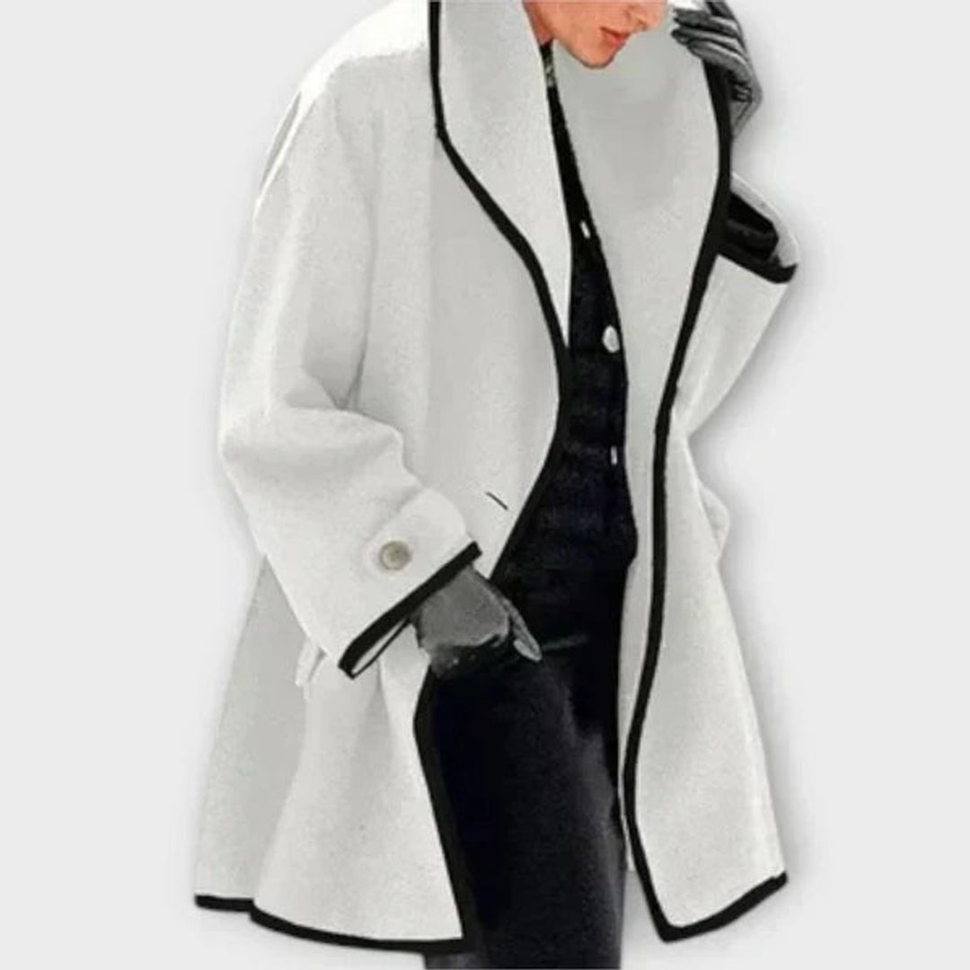 Women's Oversized Wool-Blend Swing Coat Black Contrast Trim - White