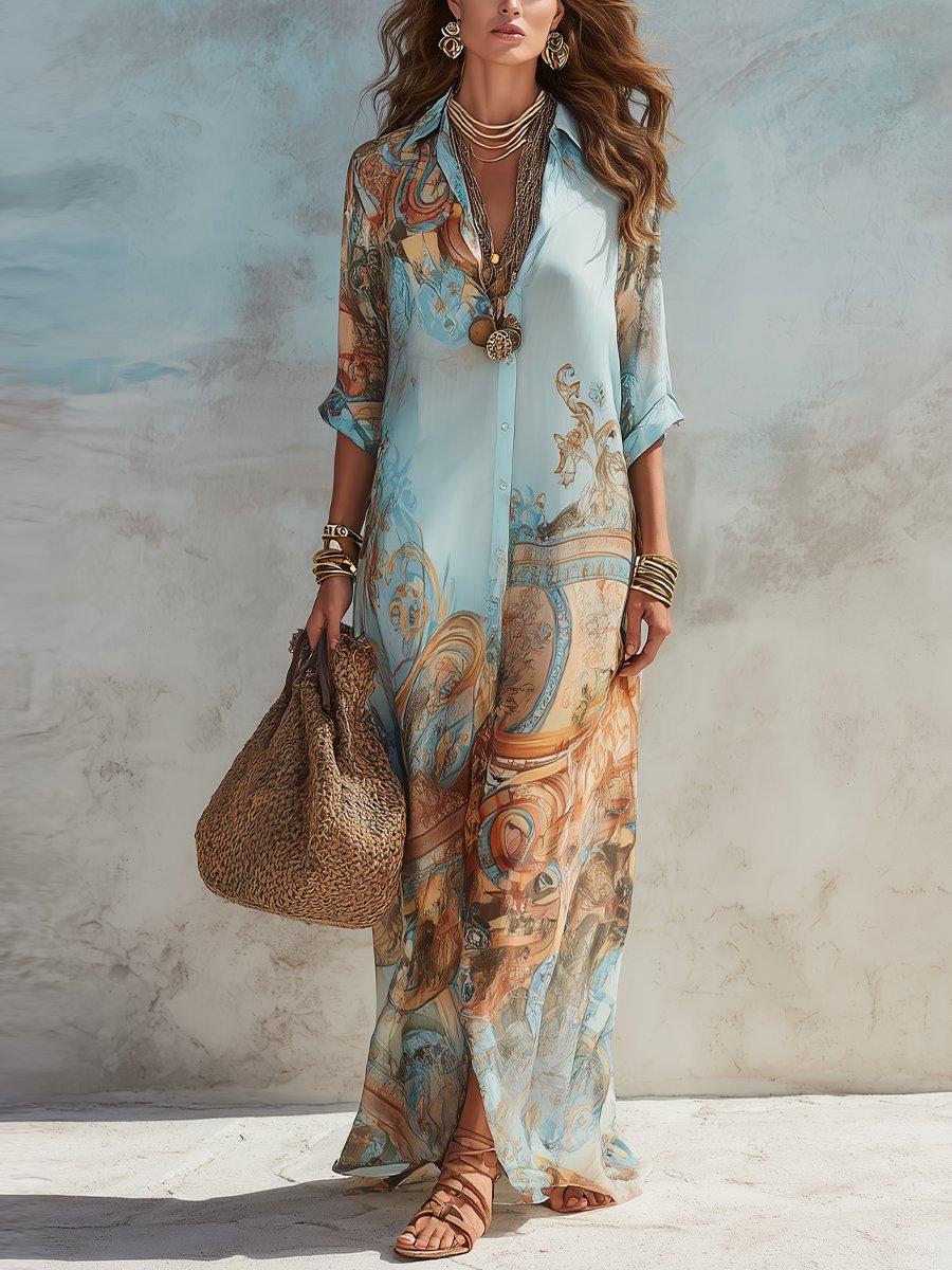 Women's Paisley Print Button-Through Maxi Shirt Midi Dress - Light Blue