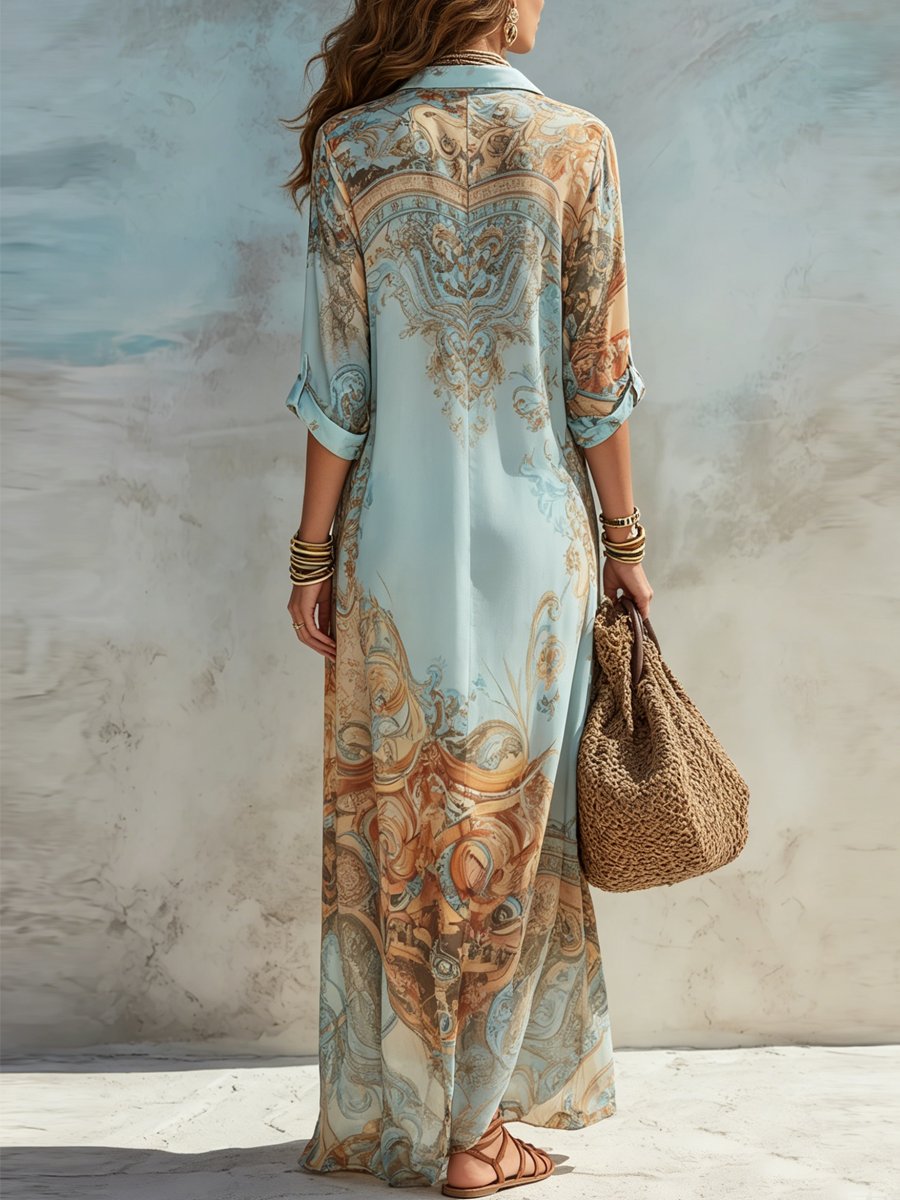 Women's Paisley Print Button-Through Maxi Shirt Midi Dress