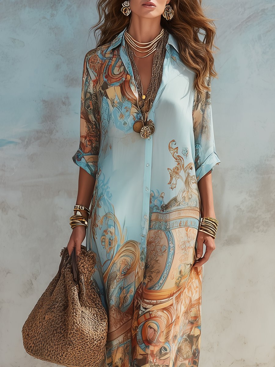 Women's Paisley Print Button-Through Maxi Shirt Midi Dress