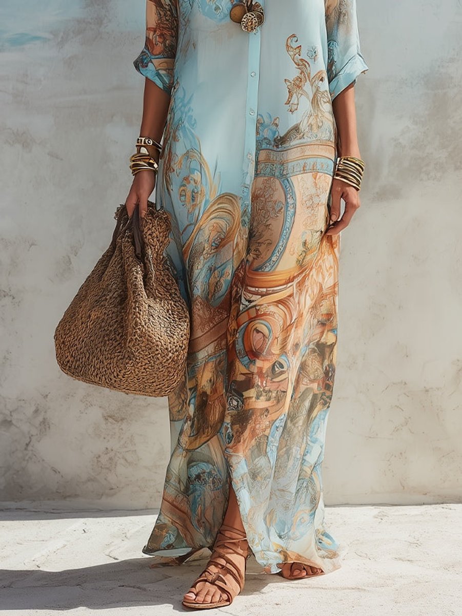 Women's Paisley Print Button-Through Maxi Shirt Midi Dress