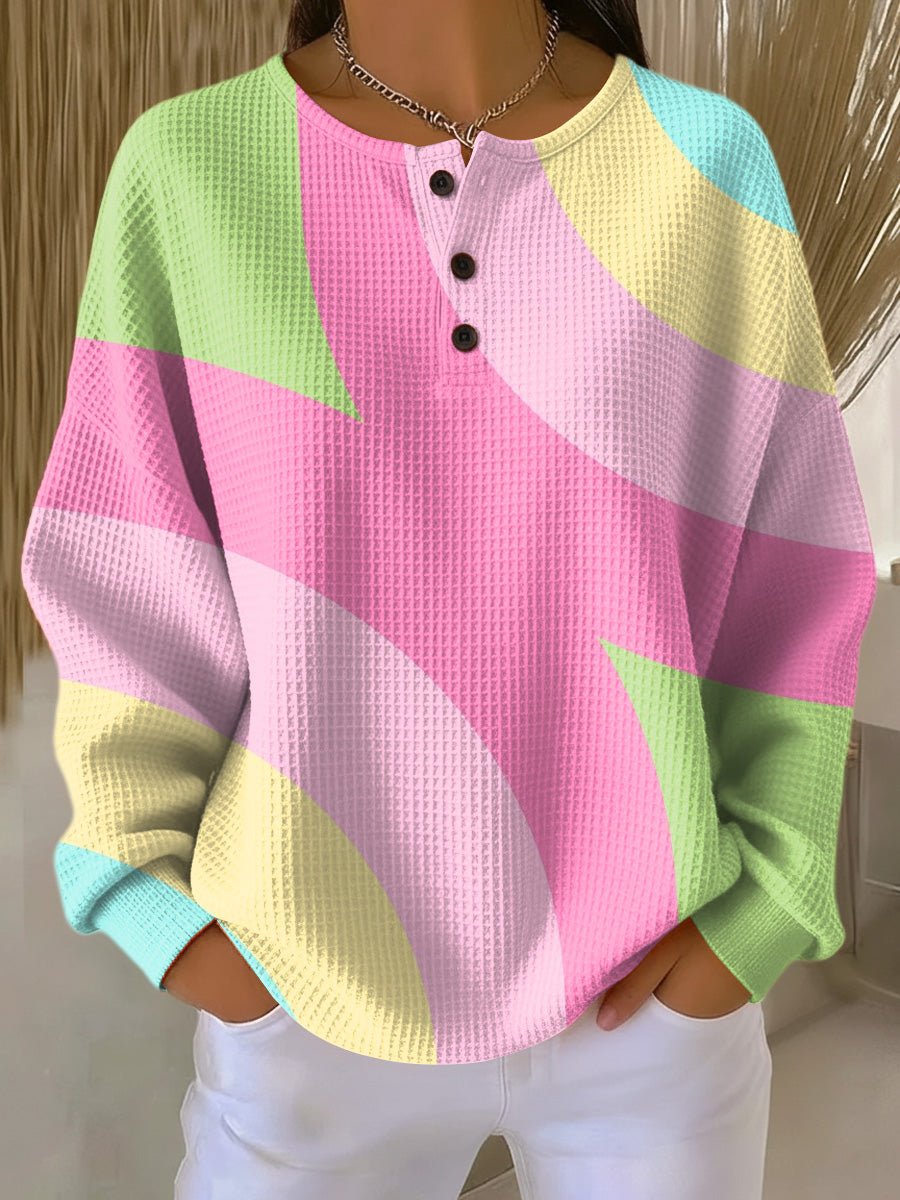 Women's Pastel Colour Block Waffle Knit Henley Pullover Sweater - Pink