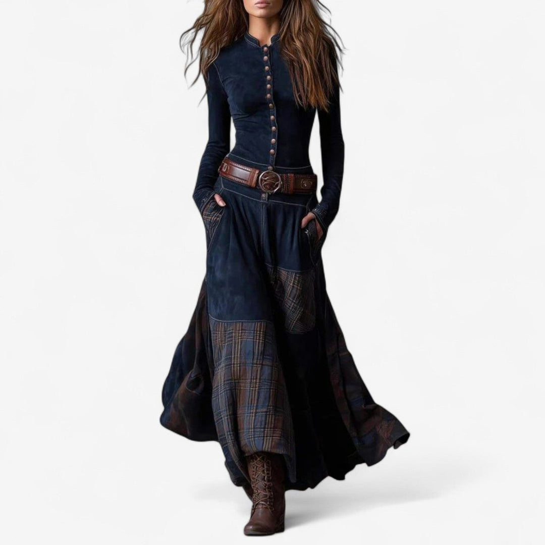 Women's Patchwork Plaid Maxi Long Sleeve Dress Button-Front - Royal Blue