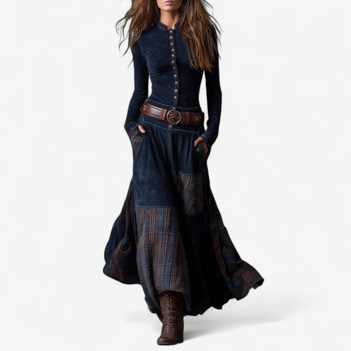 Women's Patchwork Plaid Maxi Long Sleeve Dress Button-Front - Royal Blue