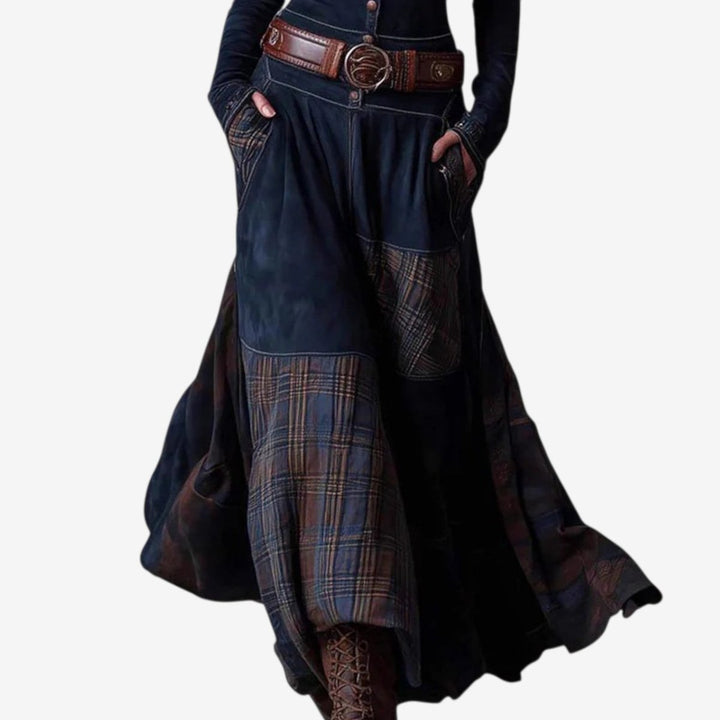 Women's Patchwork Plaid Maxi Long Sleeve Dress Button-Front