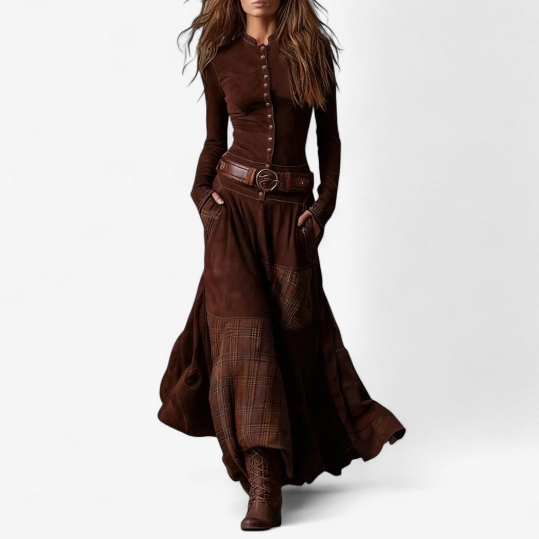 Women's Patchwork Plaid Maxi Long Sleeve Dress Button-Front - Red